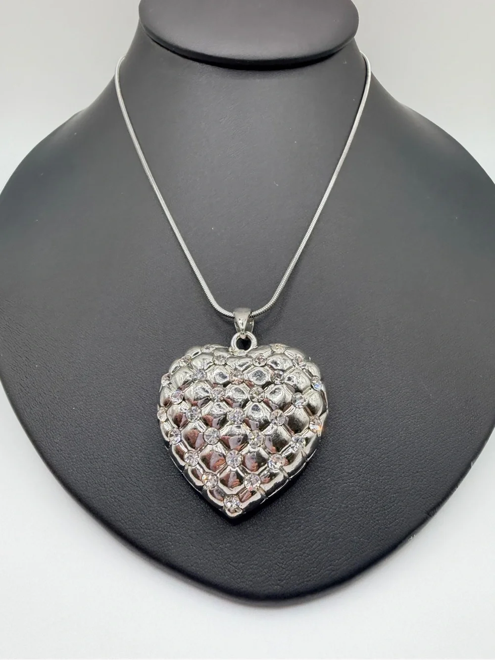Chunky Silver Plated Heart Quilted Pendant Necklace with Crystal Accents